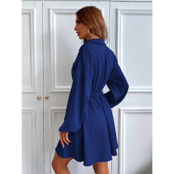Lantern Sleeve Shirt Dress long sleeve button down black - Picture 3 of 8